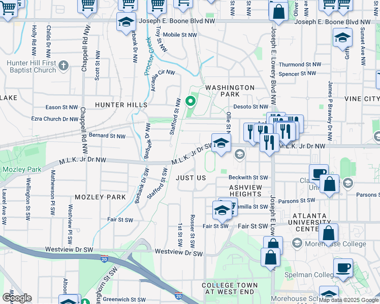 map of restaurants, bars, coffee shops, grocery stores, and more near 1115 Martin Luther King Junior Drive Southwest in Atlanta