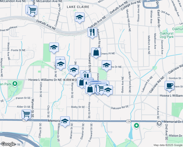 map of restaurants, bars, coffee shops, grocery stores, and more near 87 Howard Street Northeast in Atlanta