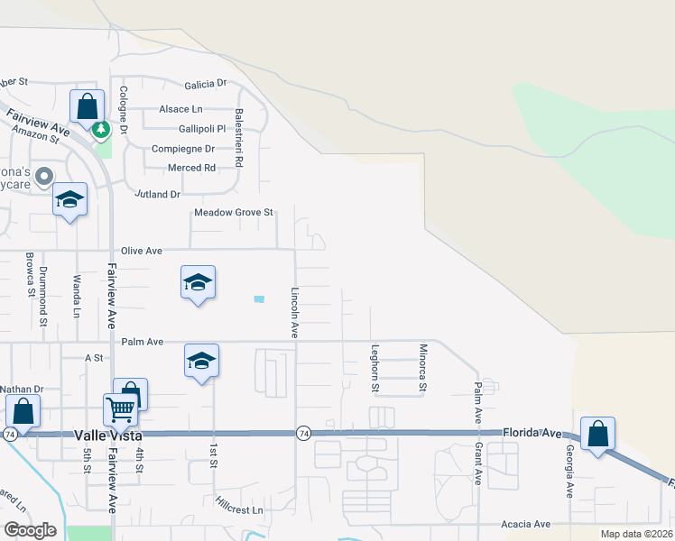 map of restaurants, bars, coffee shops, grocery stores, and more near 44621 Grovewood Circle in Hemet