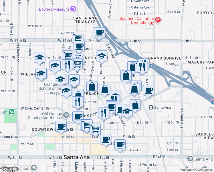 map of restaurants, bars, coffee shops, grocery stores, and more near 934 North Garfield Street in Santa Ana