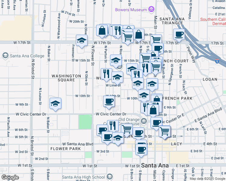 map of restaurants, bars, coffee shops, grocery stores, and more near 1024 North Ross Street in Santa Ana