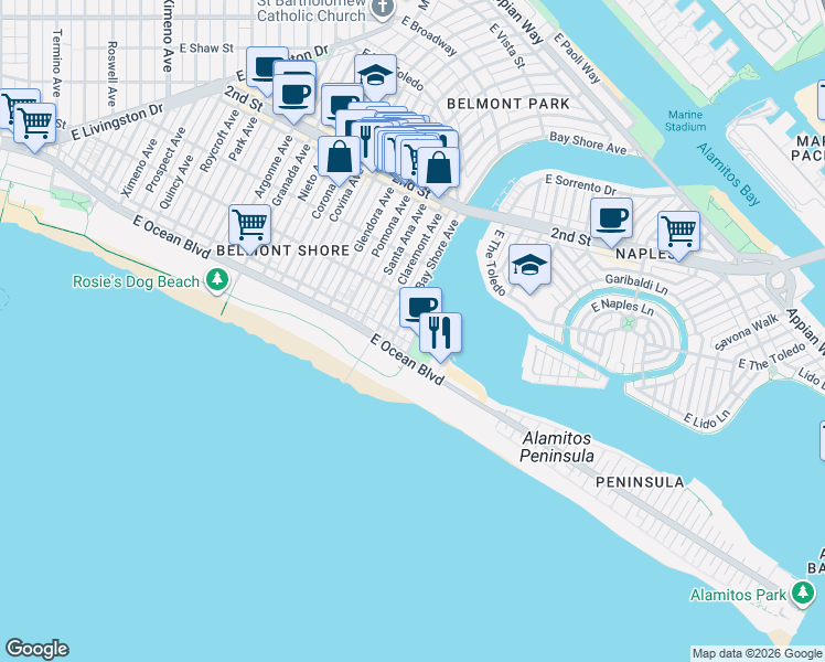 map of restaurants, bars, coffee shops, grocery stores, and more near 30 Bay Shore Avenue in Long Beach