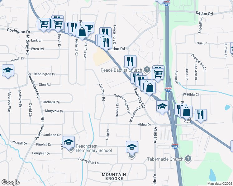 map of restaurants, bars, coffee shops, grocery stores, and more near 3672 Turner Heights Drive in Decatur
