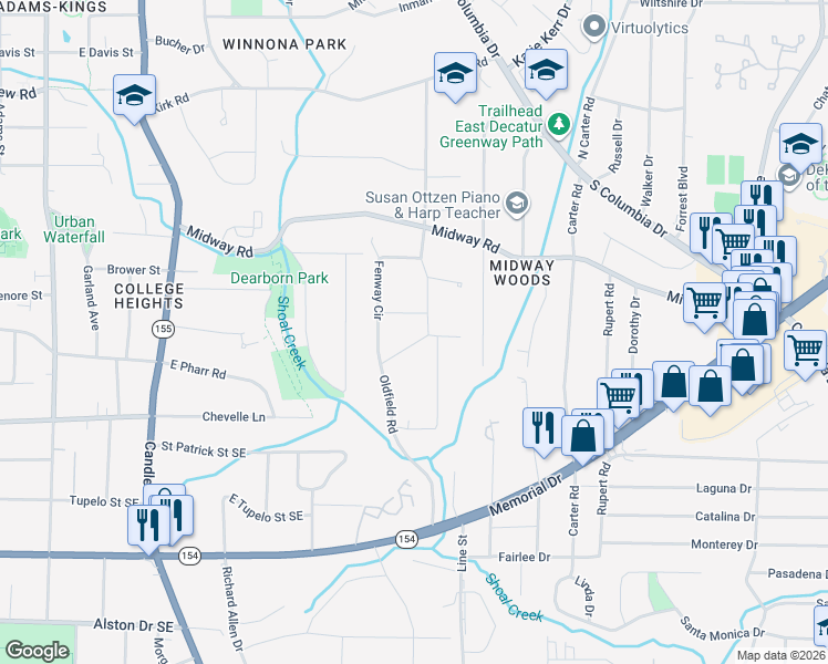 map of restaurants, bars, coffee shops, grocery stores, and more near 1355 Oldfield Road in Decatur