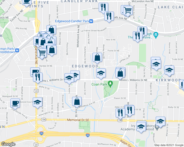 map of restaurants, bars, coffee shops, grocery stores, and more near 36 Mayson Avenue Northeast in Atlanta