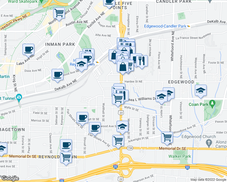 map of restaurants, bars, coffee shops, grocery stores, and more near 1117 Hawthorne Street Northeast in Atlanta