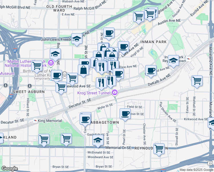 map of restaurants, bars, coffee shops, grocery stores, and more near 11 Skyline Way in Atlanta