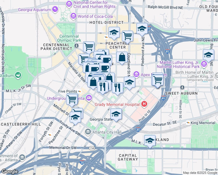 map of restaurants, bars, coffee shops, grocery stores, and more near 50 Hurt Plaza Southeast in Atlanta