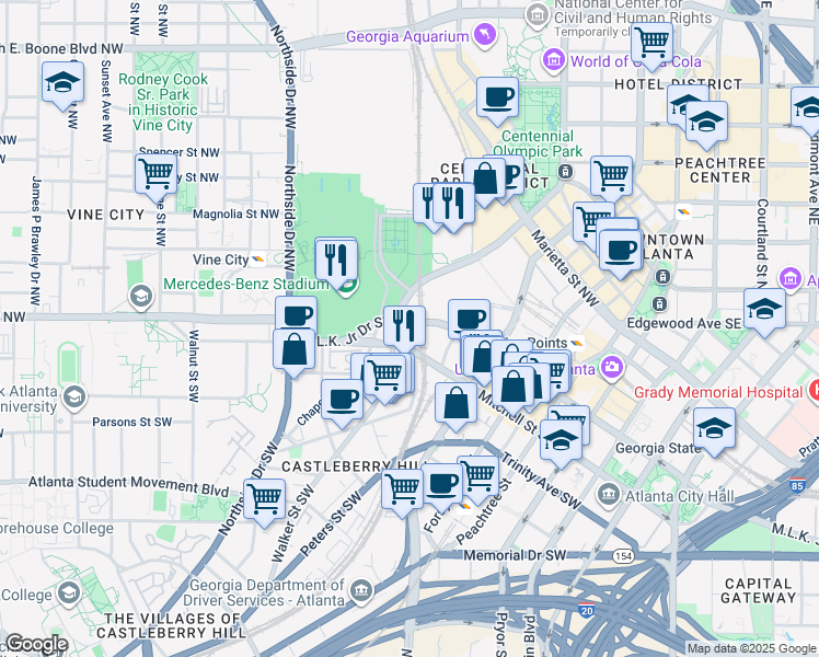 map of restaurants, bars, coffee shops, grocery stores, and more near 290 Martin Luther King Junior Drive Southwest in Atlanta
