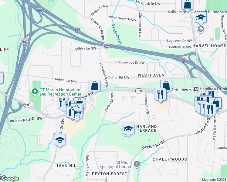 map of restaurants, bars, coffee shops, grocery stores, and more near 0 Harlan Road Southwest in Atlanta
