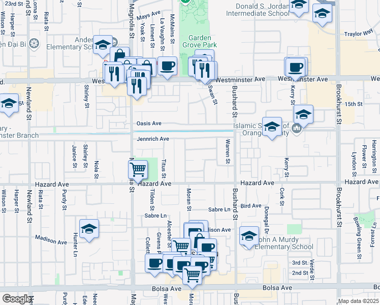 map of restaurants, bars, coffee shops, grocery stores, and more near 9272 McClure Avenue in Westminster