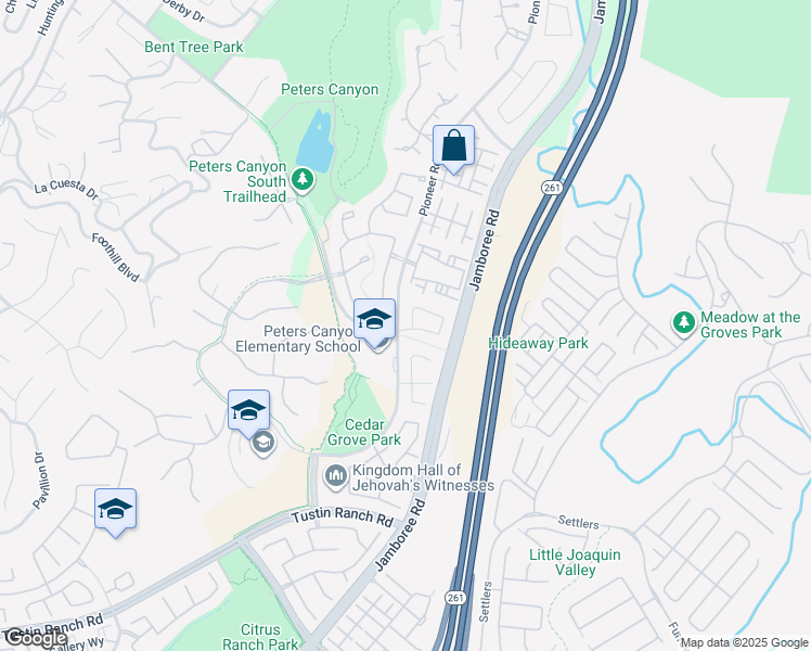 map of restaurants, bars, coffee shops, grocery stores, and more near 11110 Hiskey Lane in Tustin