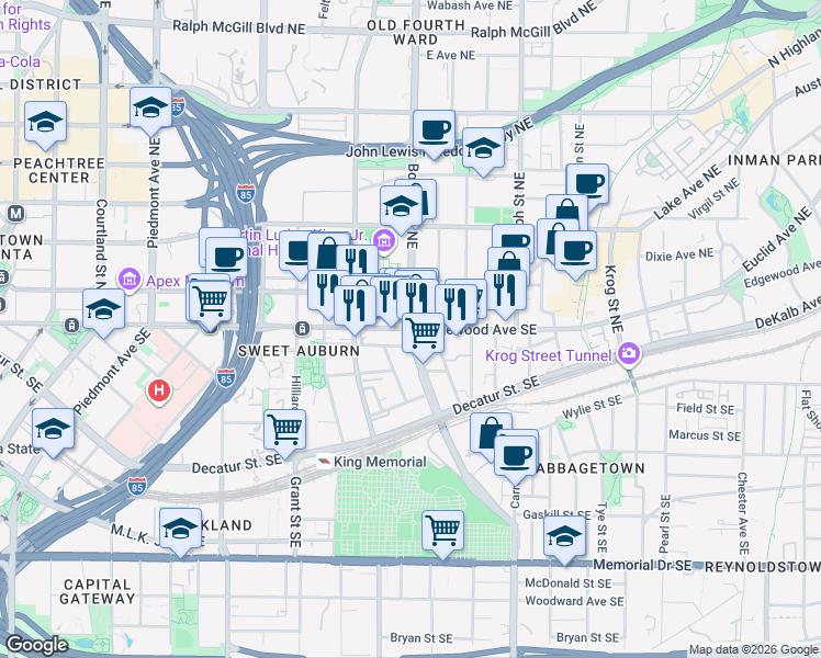 map of restaurants, bars, coffee shops, grocery stores, and more near 476 Edgewood Avenue Southeast in Atlanta