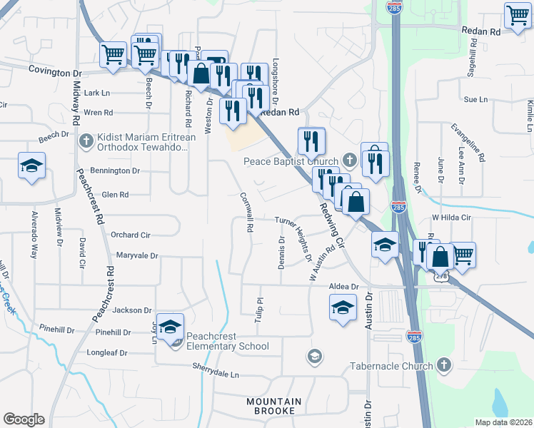 map of restaurants, bars, coffee shops, grocery stores, and more near 3654 Turner Heights Drive in Decatur