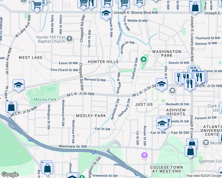 map of restaurants, bars, coffee shops, grocery stores, and more near 15 Rockmart Drive Southwest in Atlanta