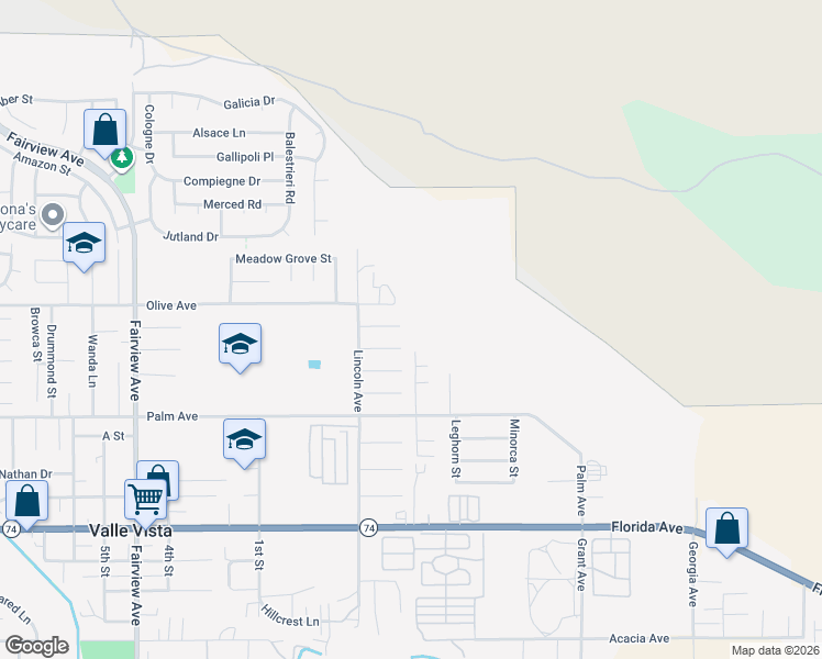 map of restaurants, bars, coffee shops, grocery stores, and more near 44621 Grovewood Circle in Hemet