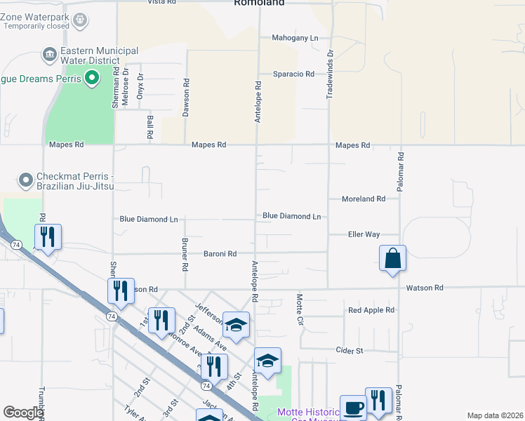 map of restaurants, bars, coffee shops, grocery stores, and more near 25240 Antelope Road in Romoland