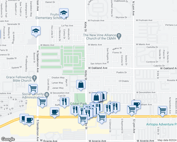 map of restaurants, bars, coffee shops, grocery stores, and more near 2472 San Bernardo Avenue in Hemet