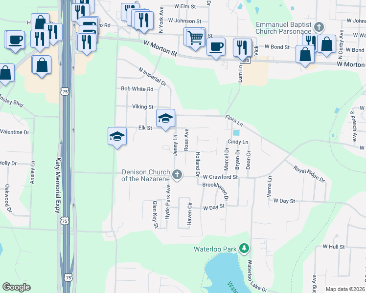 map of restaurants, bars, coffee shops, grocery stores, and more near 221 Holland Drive in Denison