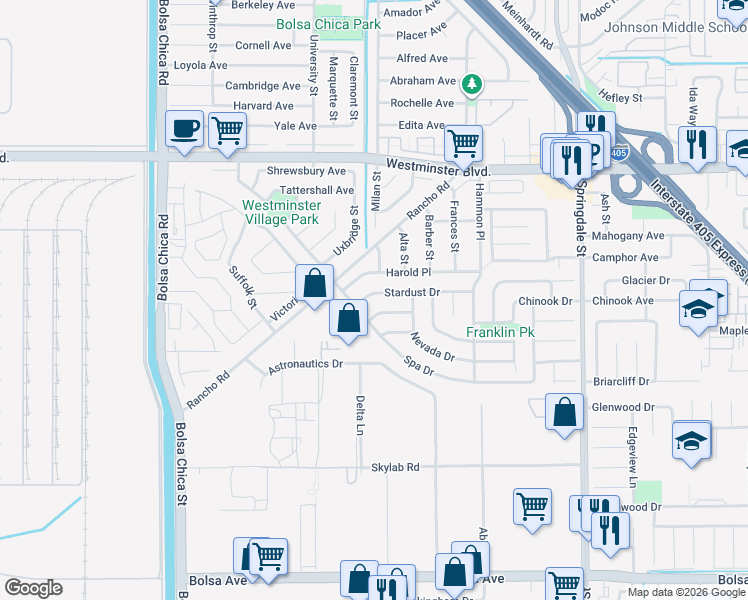 map of restaurants, bars, coffee shops, grocery stores, and more near 5462 Stardust Drive in Huntington Beach