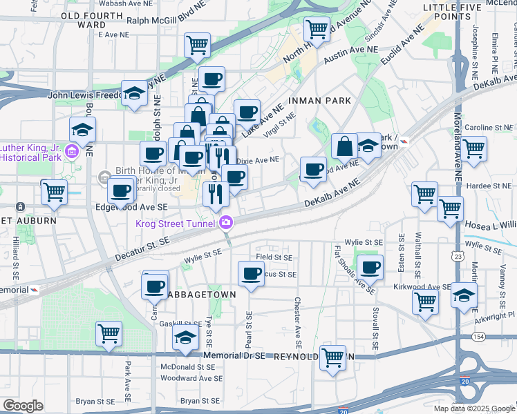 map of restaurants, bars, coffee shops, grocery stores, and more near 10 Spruce Street Northeast in Atlanta