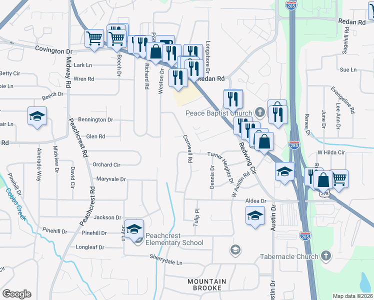 map of restaurants, bars, coffee shops, grocery stores, and more near 1343 Cornwall Road in Decatur