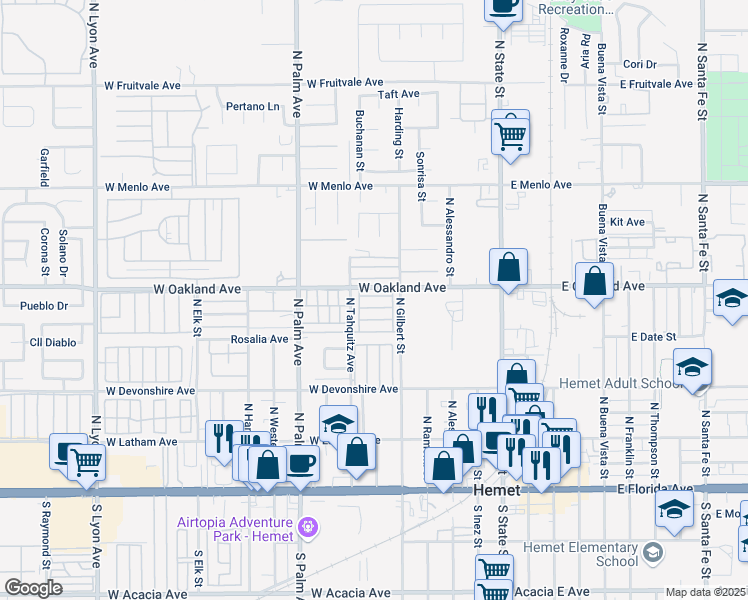 map of restaurants, bars, coffee shops, grocery stores, and more near 675 West Oakland Avenue in Hemet