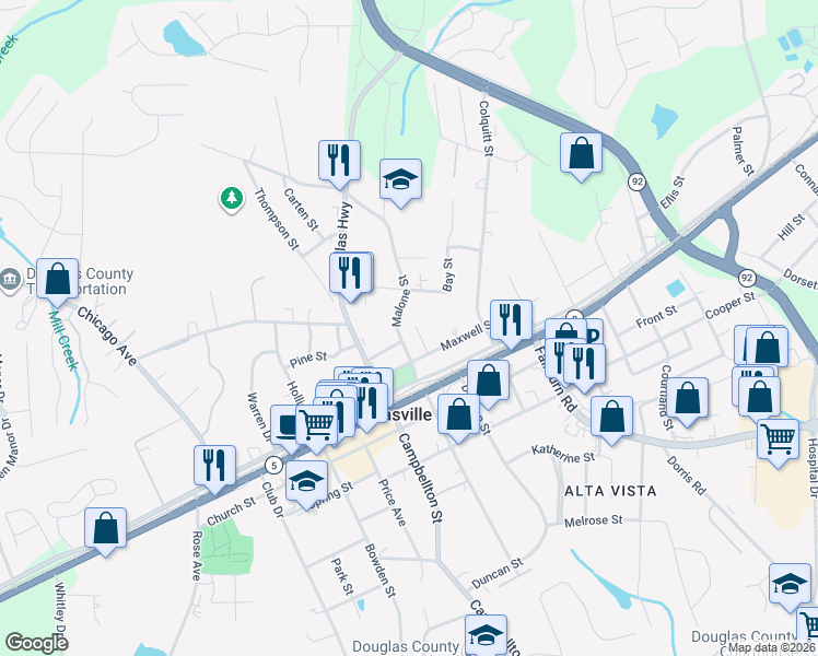 map of restaurants, bars, coffee shops, grocery stores, and more near 8268 Max Court in Douglasville