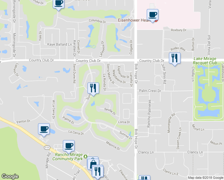 map of restaurants, bars, coffee shops, grocery stores, and more near 42-44 Sierra Madre Way in Rancho Mirage