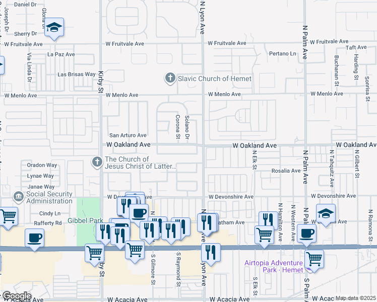 map of restaurants, bars, coffee shops, grocery stores, and more near 1861 West Oakland Avenue in Hemet
