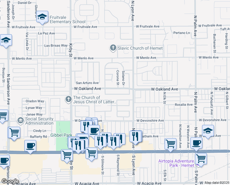 map of restaurants, bars, coffee shops, grocery stores, and more near 1934 Pueblo Drive in Hemet