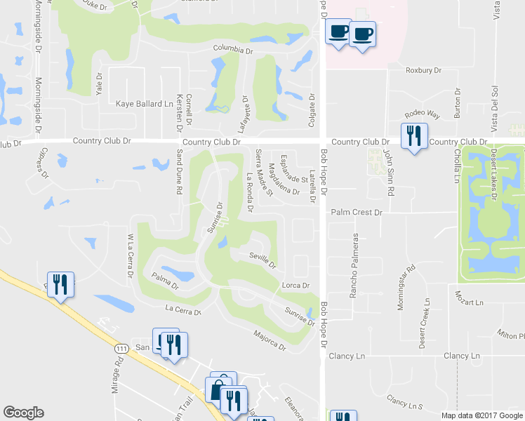 map of restaurants, bars, coffee shops, grocery stores, and more near 37 Sierra Madre Way in Rancho Mirage