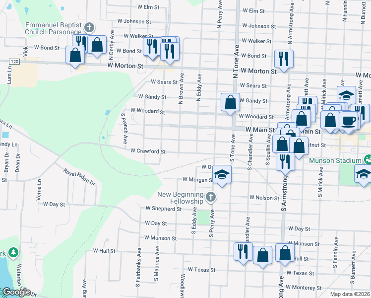 map of restaurants, bars, coffee shops, grocery stores, and more near 1323 West Crawford Street in Denison
