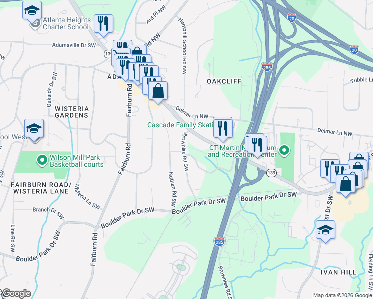 map of restaurants, bars, coffee shops, grocery stores, and more near 92 Brownlee Road Southwest in Atlanta