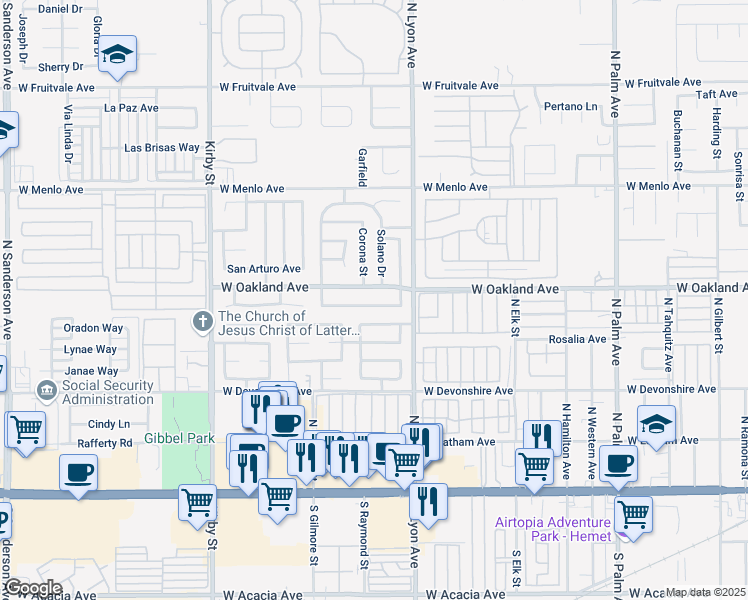 map of restaurants, bars, coffee shops, grocery stores, and more near 1832 Pueblo Drive in Hemet