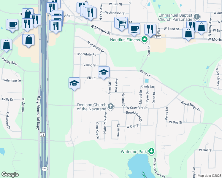 map of restaurants, bars, coffee shops, grocery stores, and more near 228 Jenny Lane in Denison