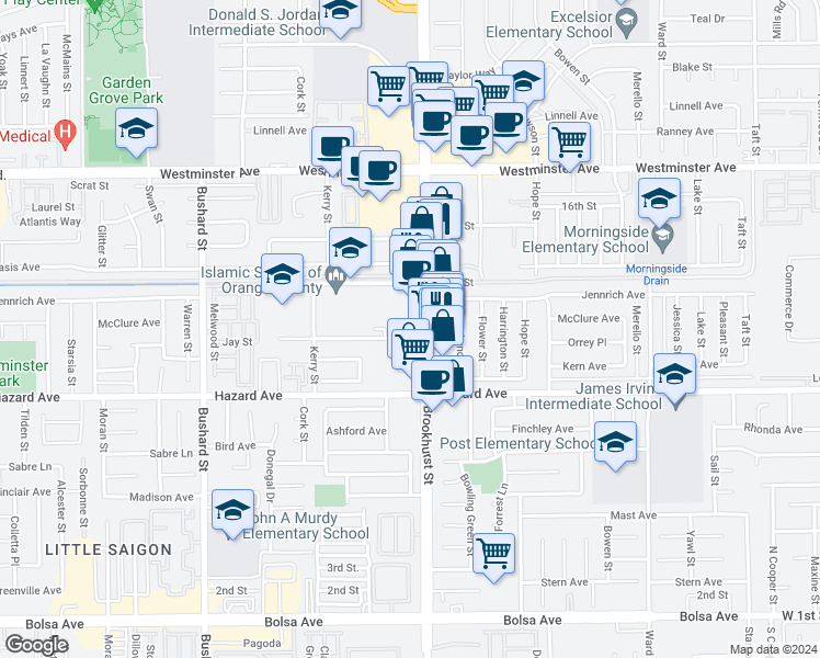 map of restaurants, bars, coffee shops, grocery stores, and more near 9961 11th Street in Garden Grove