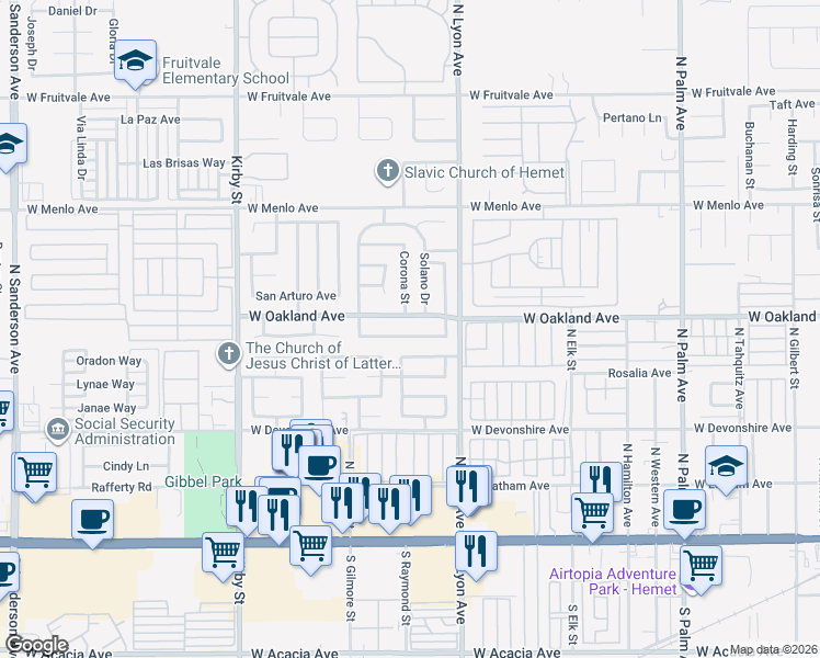 map of restaurants, bars, coffee shops, grocery stores, and more near 1864 Pueblo Drive in Hemet