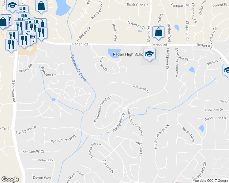 map of restaurants, bars, coffee shops, grocery stores, and more near 1673 Fieldgreen Overlook in Stone Mountain