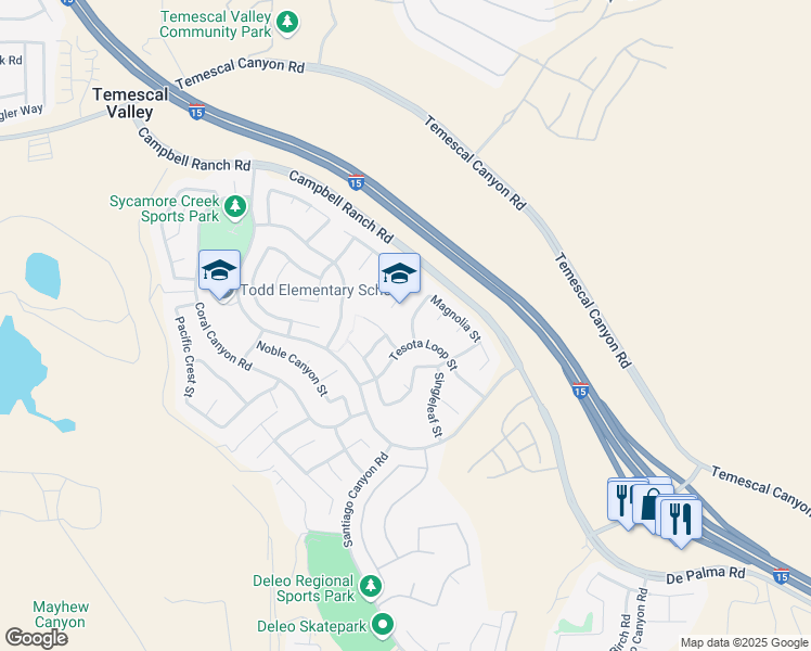 map of restaurants, bars, coffee shops, grocery stores, and more near 25159 Sagebush Way in Corona