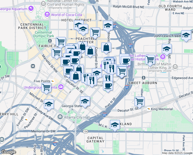 map of restaurants, bars, coffee shops, grocery stores, and more near 125 Edgewood Avenue Northeast in Atlanta