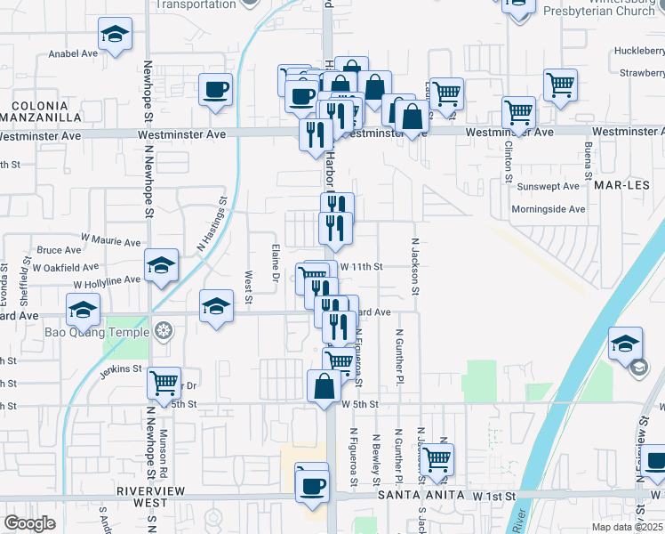 map of restaurants, bars, coffee shops, grocery stores, and more near N Harbor Blvd & W 11th St in Santa Ana