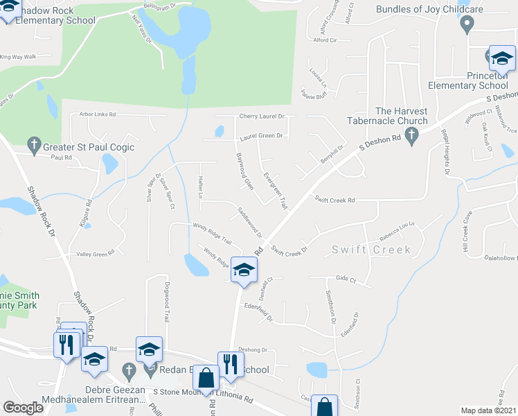 map of restaurants, bars, coffee shops, grocery stores, and more near 1317 Baywood Glen in Lithonia