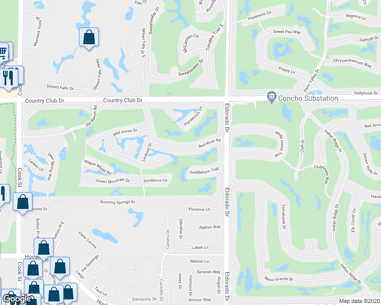 map of restaurants, bars, coffee shops, grocery stores, and more near 371 Red River Road in Palm Desert