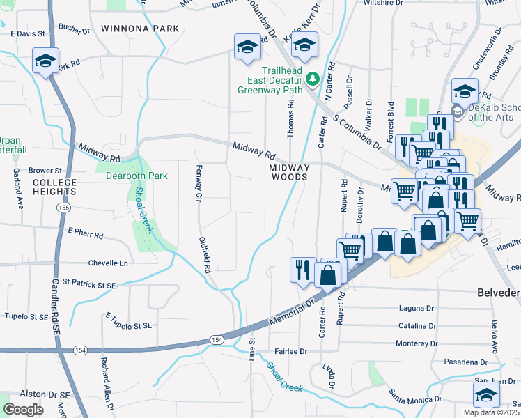 map of restaurants, bars, coffee shops, grocery stores, and more near 1352 Conway Road in Decatur