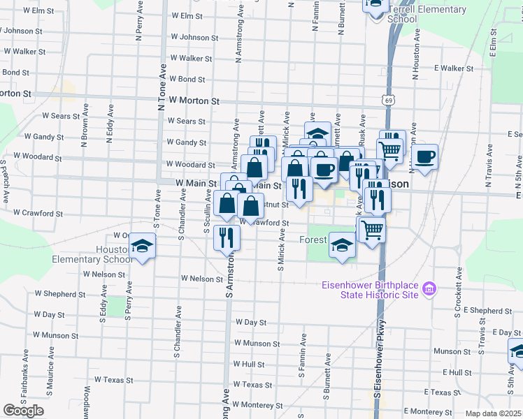 map of restaurants, bars, coffee shops, grocery stores, and more near 630 West Chestnut Street in Denison