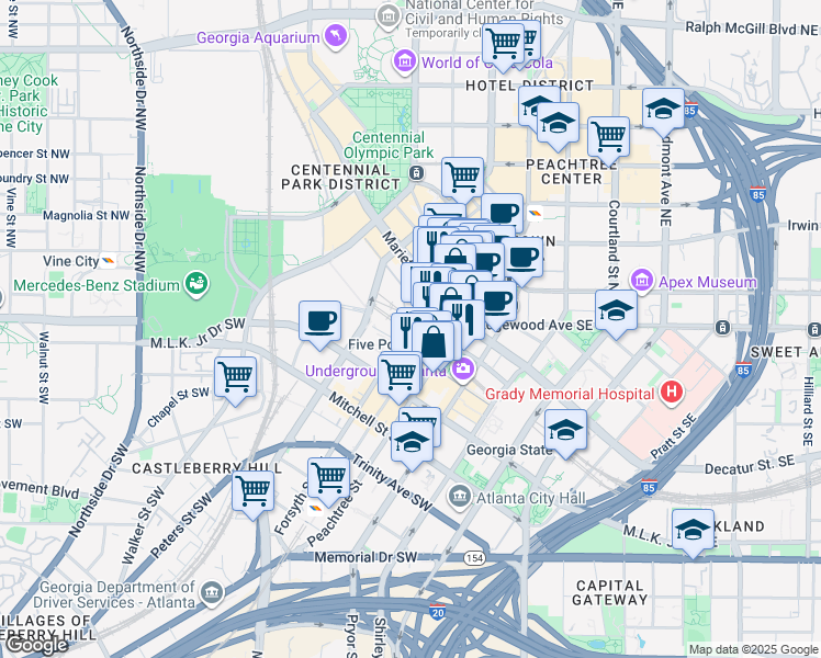 map of restaurants, bars, coffee shops, grocery stores, and more near 12-j Broad Street Southwest in Atlanta