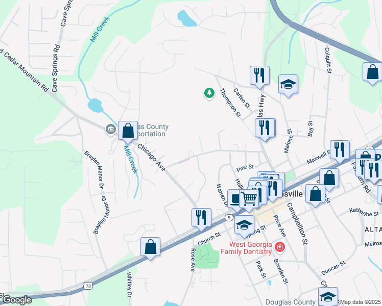 map of restaurants, bars, coffee shops, grocery stores, and more near 6907 Forrest Avenue in Douglasville