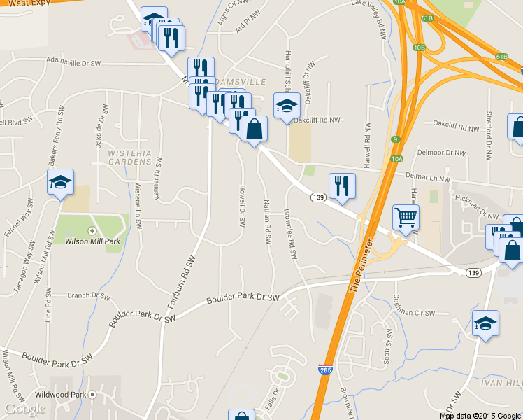 map of restaurants, bars, coffee shops, grocery stores, and more near 91 Nathan Road Southwest in Atlanta