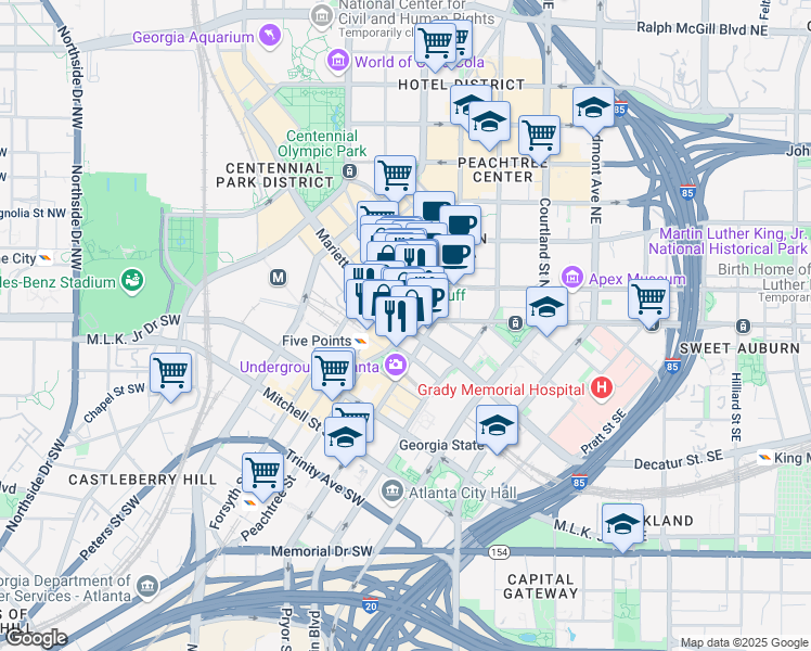 map of restaurants, bars, coffee shops, grocery stores, and more near Marietta St NW & Peachtree St NE in Atlanta